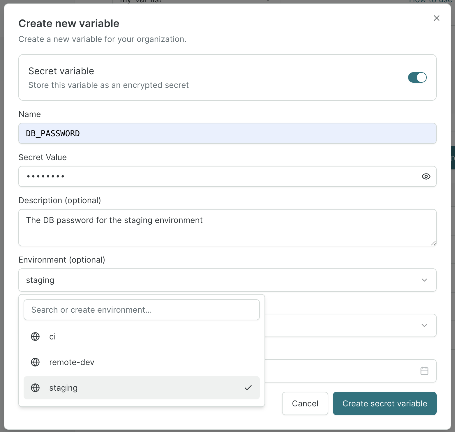 A list of remote variables/secrets